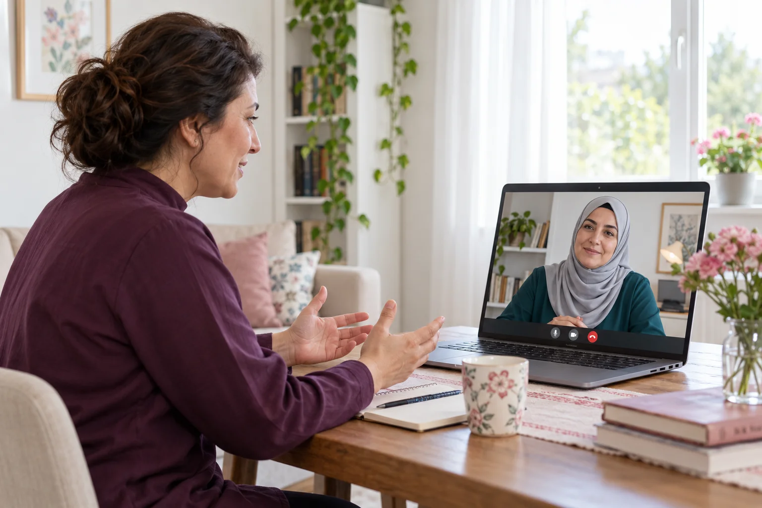 Online Panik Atak Terapisi | Panik Atak Nasıl Geçer? Kapalı yakalı kadın danışanın başörtülü kadın uzmanla bilgisayar üzerinden görüntülü online görüşmesi
